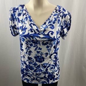 MaxMara Studio Blue and White Print Draping Neck Line Sleeveless Blouse M